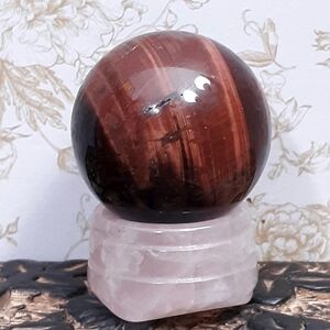 Pair Red Tiger's Eye Crystal Stone Sphere Ball & Pink Rose Quartz Stand